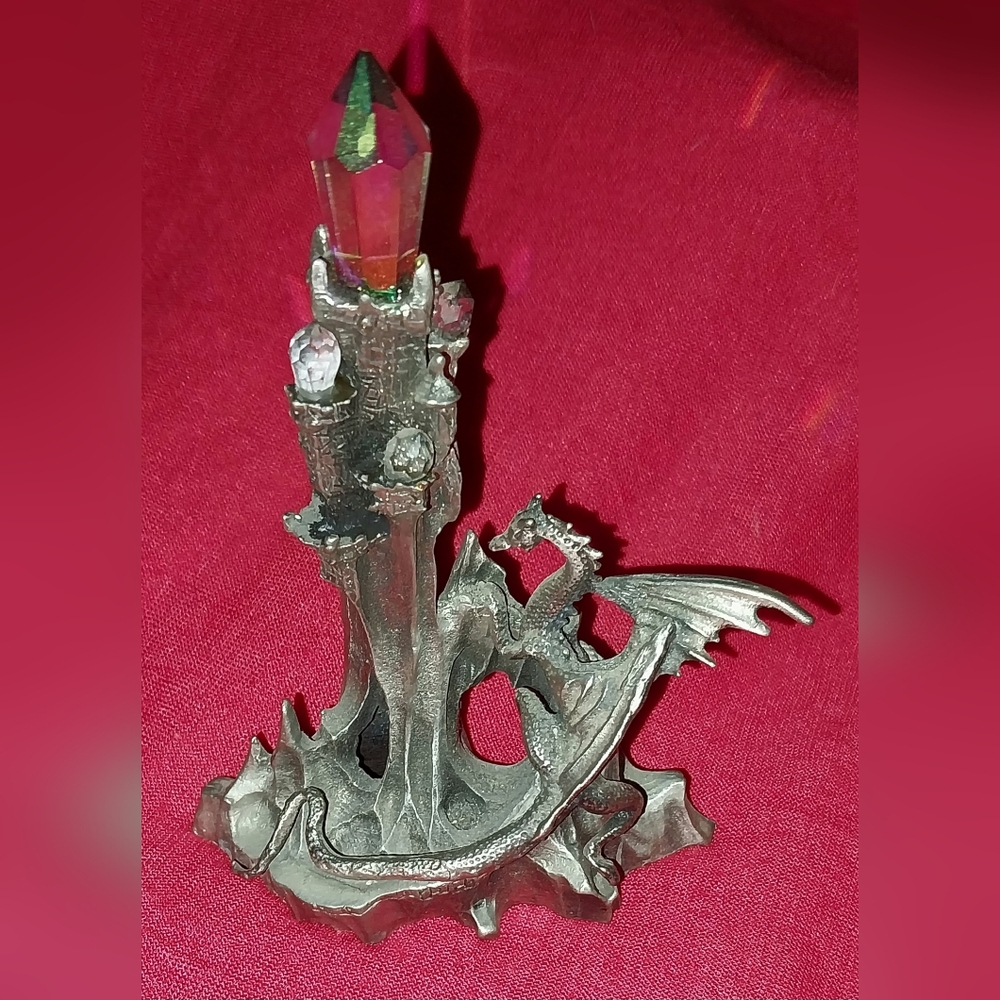 Vintage 1986 Perth Pewter Dragons Castle Figurine w/ Crystals 4.5" x 3"